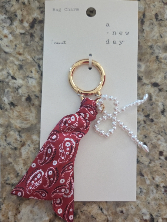 a new day Accessories - a new day Red Paisley Scarf & Pearl Bag Charm Key Ring